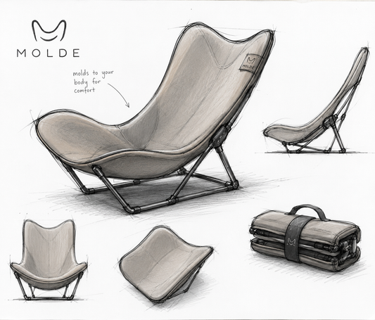 MOLDÉ portable memory foam chair design sketches showing the butterfly silhouette and compact fold
